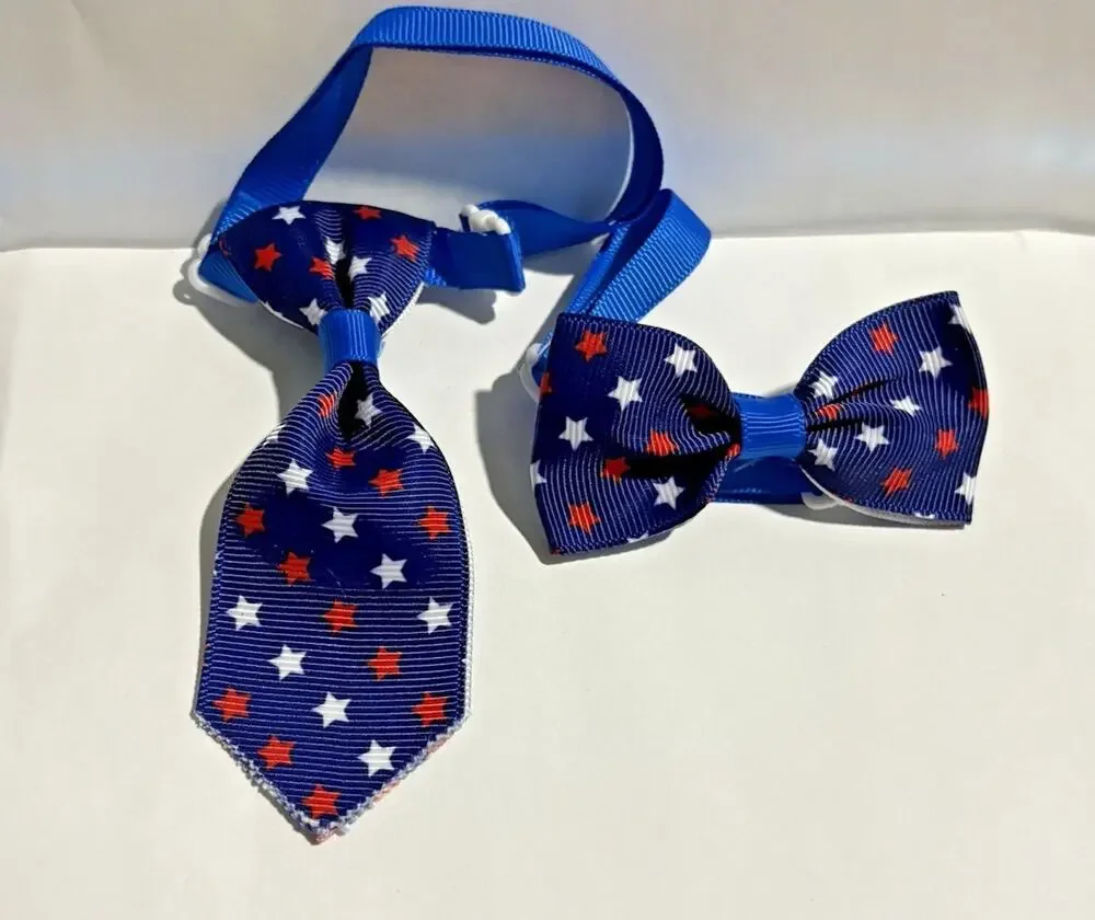 Bow Tie Necktie Set  250th July 4th USA Flag Stars Blue  Dog Cat  7